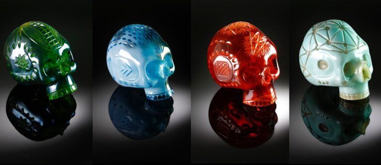 This image is of a set of crystal skulls by internationally renowned glass sculptor Elliot Walker.