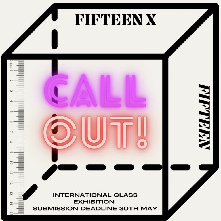 A black and white poster with the text "Call Out!" in bold white letters in the center. Above the text is a cube with a ruler on it. The text "FifteenX Fifteen" is at the top and bottom of the poster. There is also text with exhibition dates and a deadline.